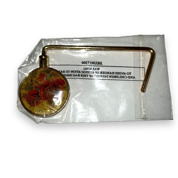 Womens Purse Hook Victorian Theme Floral Print Under Table Travel Gold Tone - Picture 5 of 5